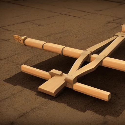 Image similar to a catapult with multiple launchers, 3D model, octane render, wooden