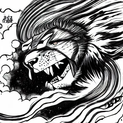 Image similar to angelic lioness flying in outer space, black and white ink on paper, thick outlines, 8k high quality detailed art, trending on art station, manga art, by Eiichiro Oda