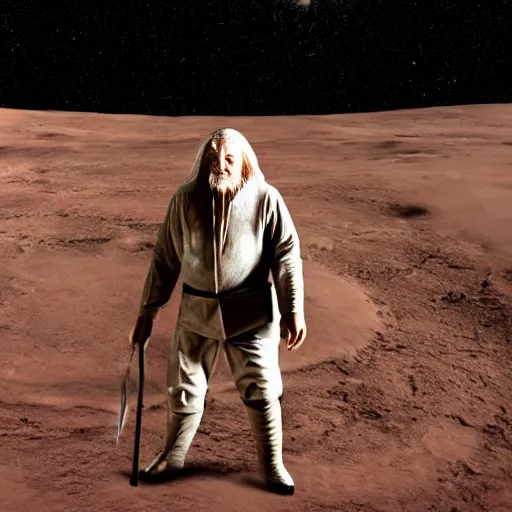 Prompt: a realistic image of gandalf in mars under a full moon