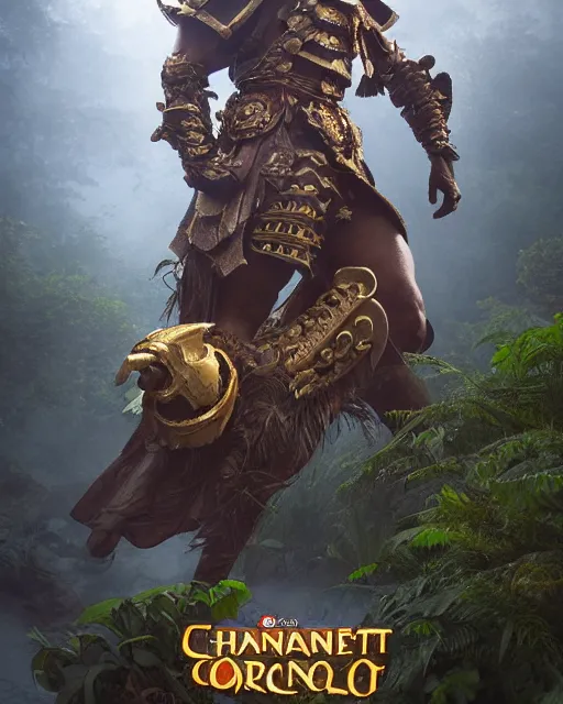 Image similar to spanish conquistador wearing ornate armor in a dense foggy jungle environment by disney and miyazaki, octane, intricate, hearthstone