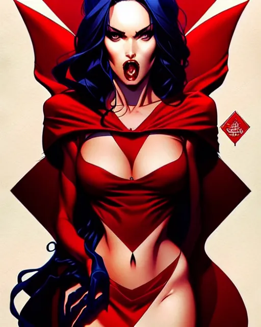 Prompt: artgerm, joshua middleton comic cover art, full body pretty megan fox vampire sharp teeth, red dress, symmetrical eyes, symmetrical face, long curly black hair, dark castle background background, cinematic lighting