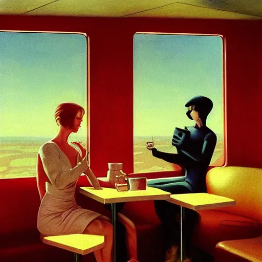 Prompt: two astronauts sitting in the corner booth at a greasy diner on the moon, edward hopper painting, iconic, stunning light, artstation, anime cyborg, award-winning realistic sci-fi concept art by Jim Burns and Greg Rutkowski, Picasso, Beksinski, masterpiece, complimentary colors, James Gilleard, Bruegel, Alphonse Mucha, and Yoshitaka Amano