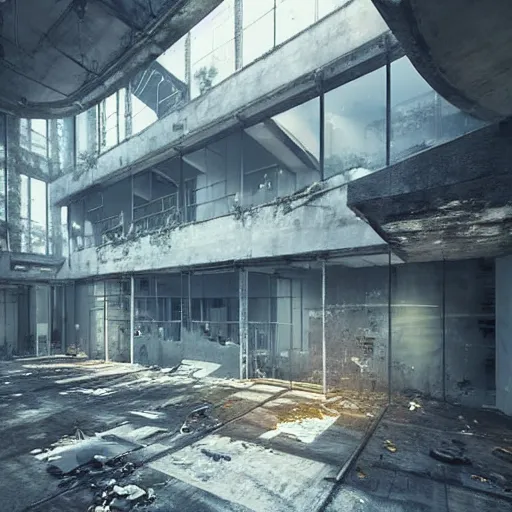 Image similar to “derelict architecture buildings, building designed by architect Norman Foster, architecture digest, building surrounded in a luxurious environment, modern tones, fluorescent lighting,volumetric Lighting, cyber punk, photorealism, high detail, golden ratio, cinematic, octane renderer”