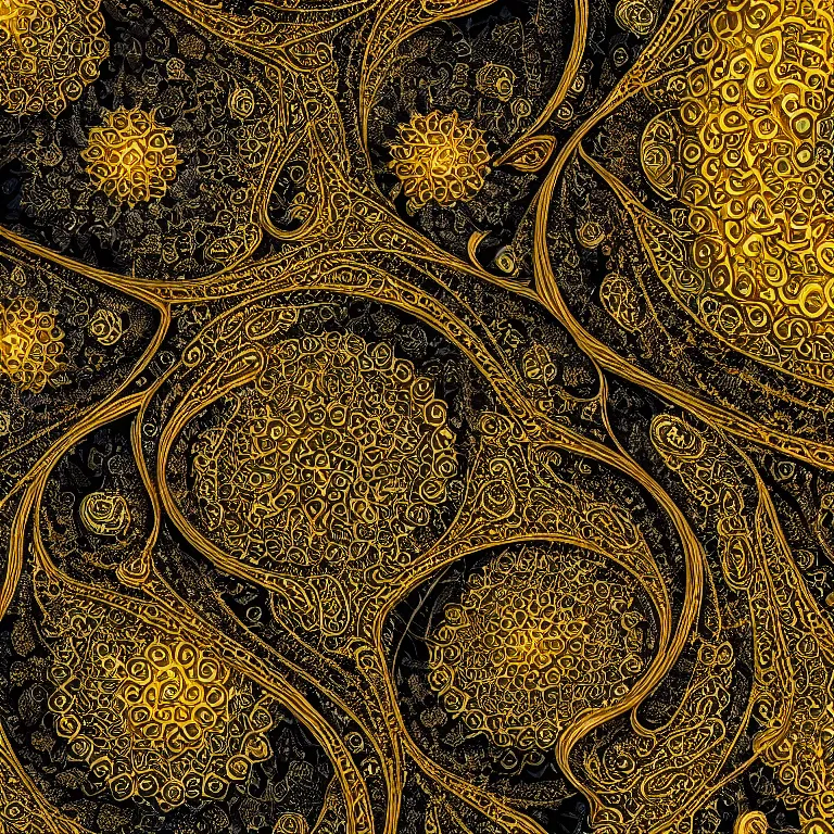 Image similar to arabic ornament with mystic birds and flowers, highly detailed, photorealistic, octan render, 3 d, gold on black nackground, fractal, mandelbrot,