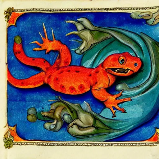 Image similar to salamander on fire in the style of a grotesque of an illuminated manuscript