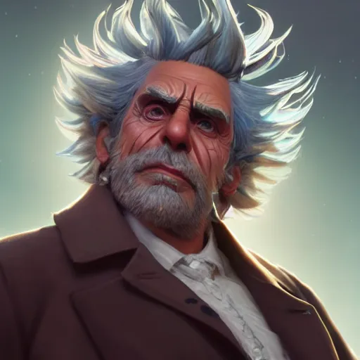 Image similar to Closeup of realistic Rick Sanchez, fantasy, intricate, elegant, highly detailed, digital painting, artstation, concept art, matte, sharp focus, illustration, hearthstone, art by Artgerm and Greg Rutkowski and Alphonse Mucha