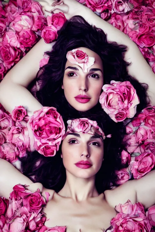 Image similar to full body fine art photo of the beauty gal gadot, she is lying down and merging from pink roses, taken by oleg oprisco