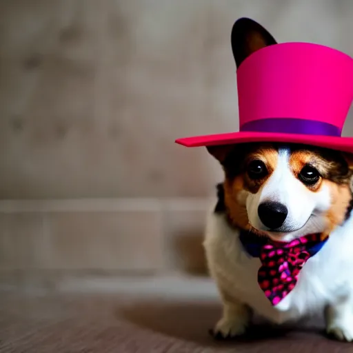 Image similar to a corgi wearing a purple party hat and a red bowtie, cinematic, ultra - hd