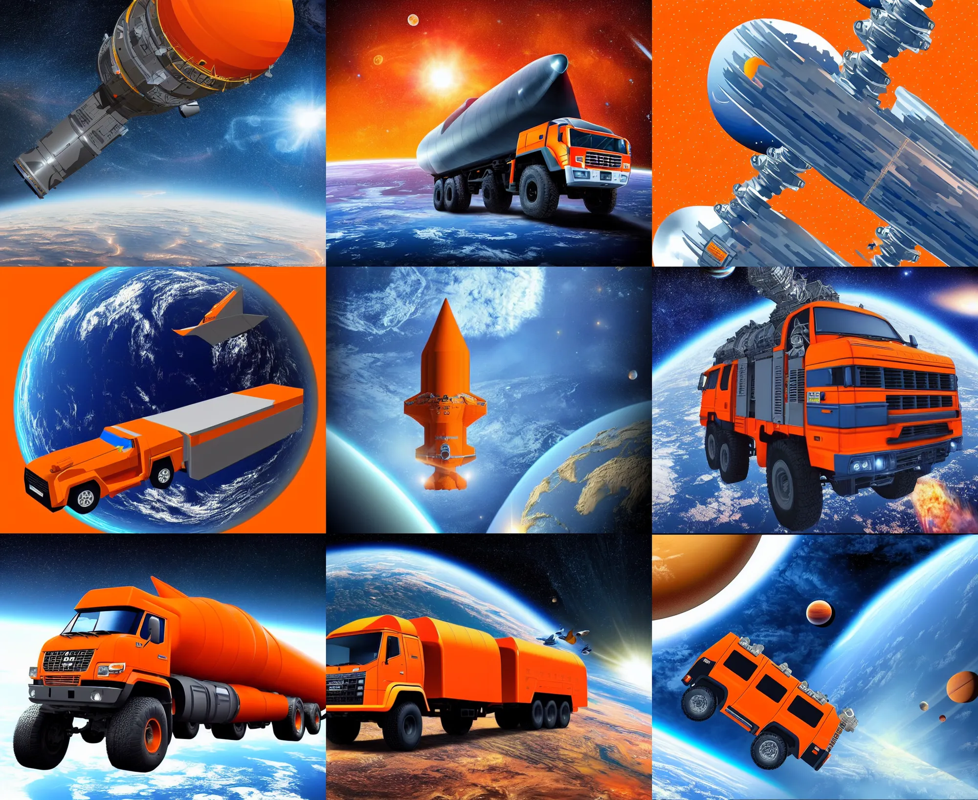 Image similar to orange kamaz in space in orbit of the planet earth, kamaz looks like a spaceship, hyper detailed, hight detailed, futuristic, ultra realistic, no blur, 8 k