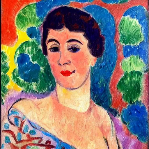 Prompt: A beautiful oil painting of a vivid impressionistic portrait of a woman, she is very beautiful, she smiles and looks straight at us, highly detailed, Matisse, fauvism