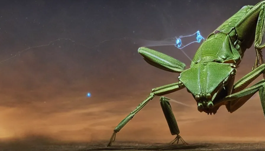 Prompt: big budget science fiction movie about an armored praying mantis with lasers shooting from its eyes