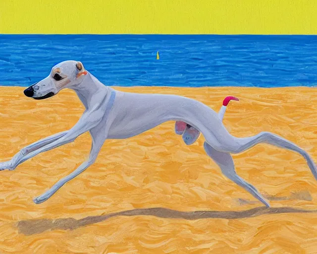 Image similar to close-up of a whippet running at beach, painting by david hockney, highly detailed