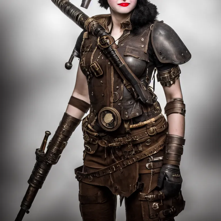 Image similar to full length photo of a very beautiful female dieselpunk warrior, 8 k, hdr, smooth, sharp focus, high resolution, award - winning photo