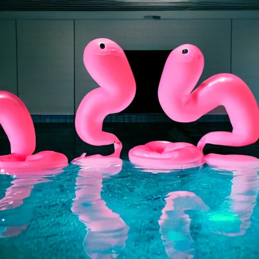 Image similar to dark poolroom liminal space with pink flamingo floaties, liminal photography, bad lighting,