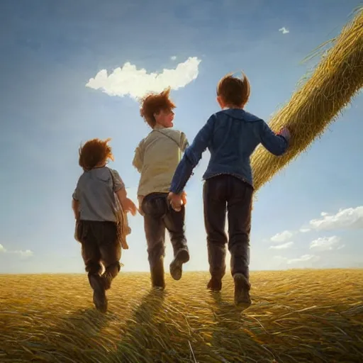 Prompt: ultra realistic illustration of three young friends walking on rails through the fields of hay, sunny summer day, nice mood, highly detailed, digital painting, artstation, concept art, smooth, sharp focus, illustration, art by artgerm and greg rutkowski and alphonse mucha