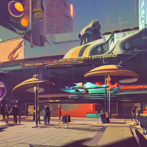 Image similar to painting of syd mead artlilery scifi fish tank with ornate metal work lands on a sidewalk, volumetric lights, simon stalenhag