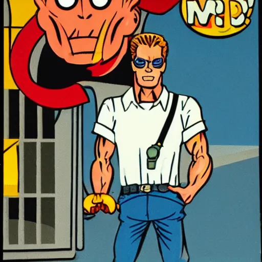 Image similar to the terminator works at McDonalds, painting by Steve Ditko