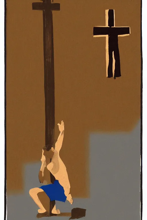 Image similar to man kneeling on the ground in front of a wooden cross, 1960’s minimalist advertising illustration, painterly, expressive brush strokes