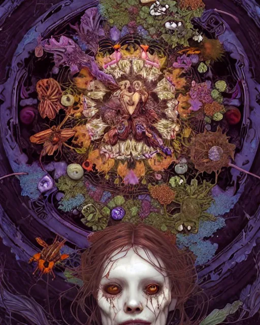 Prompt: the platonic ideal of flowers, rotting, insects and praying of cletus kasady carnage davinci dementor wild hunt chtulu mandelbulb mandala ponyo the witcher, d & d, fantasy, ego death, decay, dmt, psilocybin, concept art by randy vargas and greg rutkowski and ruan jia and alphonse mucha