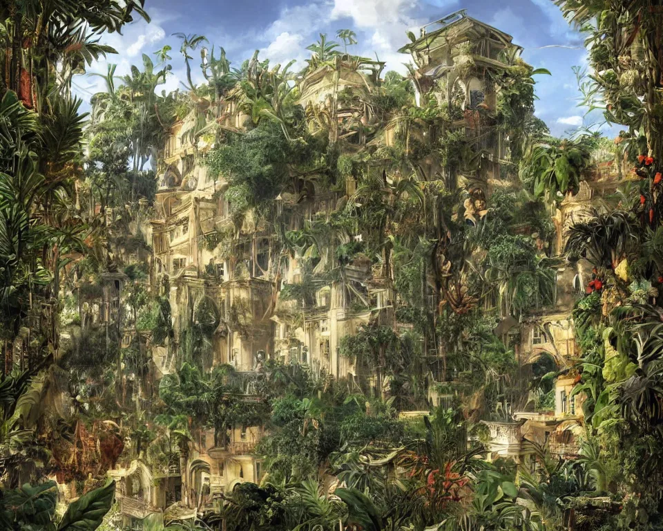 Prompt: repeating colonial mansions, overgrown with tropical foligage, by Salvador Dali and Greg Rutkowski and Giovanni Paolo Panini.