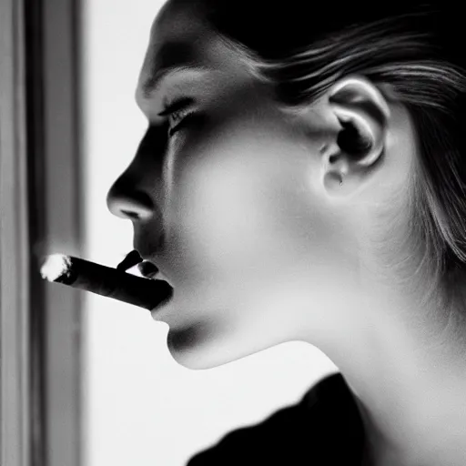 Image similar to Live Action Still of Jerma985 in a film of a beautiful model woman smoking a cigarette by the window, black and white, hyperrealistic, ultra realistic, realistic, highly detailed, epic, HD quality, 8k resolution, body and headshot, film still