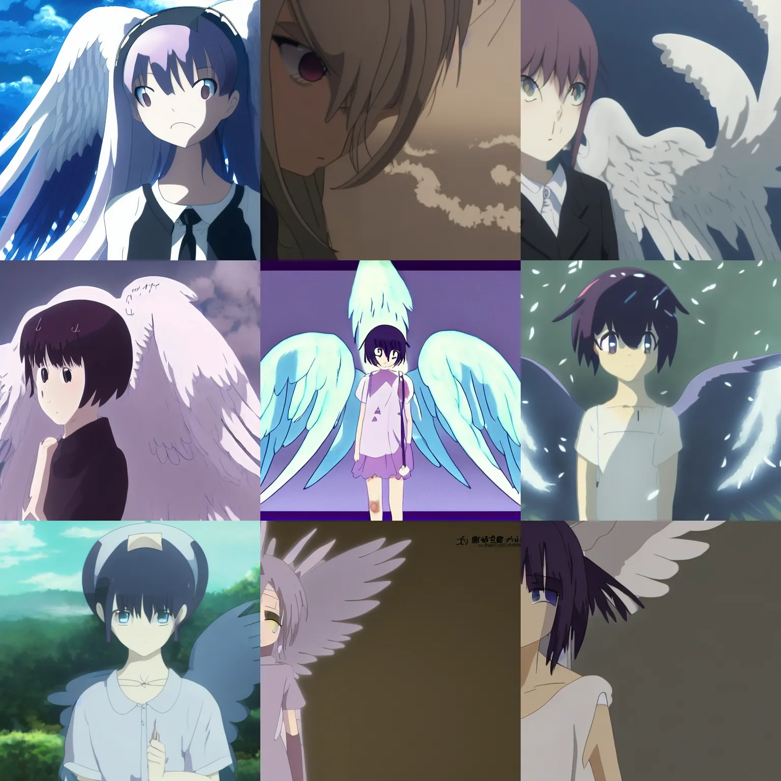 Prompt: an angelgirl cries, face obscured by smoke angel wings, girl with angel wings, anime, Makoto Shinkai, Hideaki Anno, Mochiduki Key, Madhouse, WHITE FOX, Studio Trigger