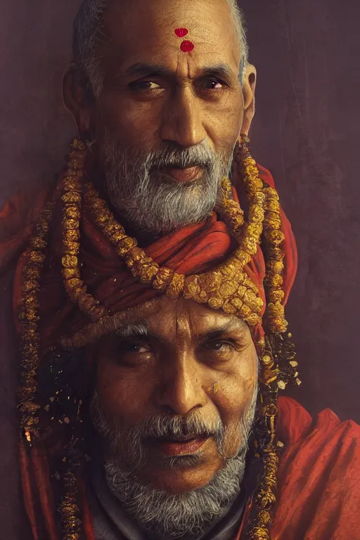 Image similar to hindu priest, close - up portrait, devoted, intricate, elegant, volumetric lighting, scenery, digital painting, highly detailed, artstation, sharp focus, illustration, concept art, ruan jia, steve mccurry