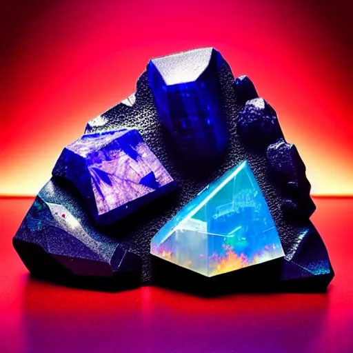 Image similar to a mineral rock, in a dark studio room, vaporwave theme. Photography of rare minerals. Tanzanite, Red Beryl, Bixbite, Red Emerald, Scarlet Emerald, Opal, Quartz, Elbaite, Calcite, Kunzite. in the style of artgerm.