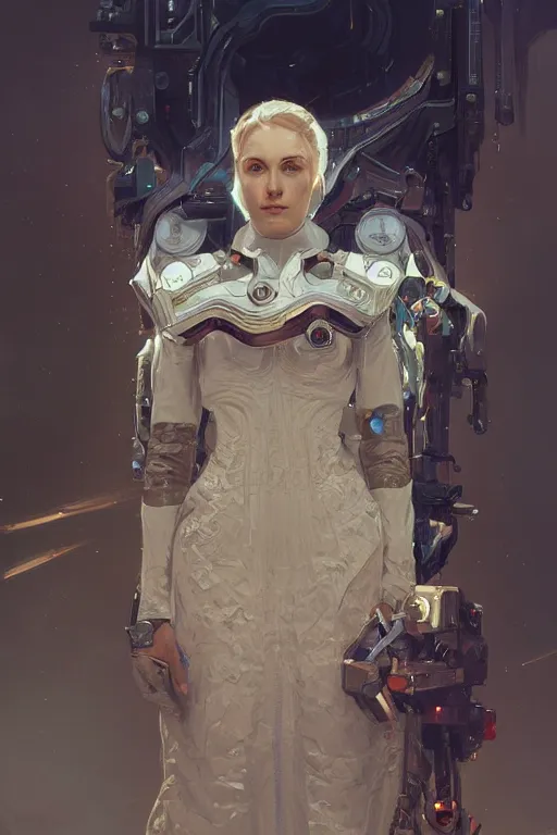 Image similar to A full portrait of a scifi tech priest, intricate, elegant, highly detailed, digital painting, artstation, concept art, smooth, sharp focus, illustration, art by Krenz Cushart and Artem Demura and alphonse mucha