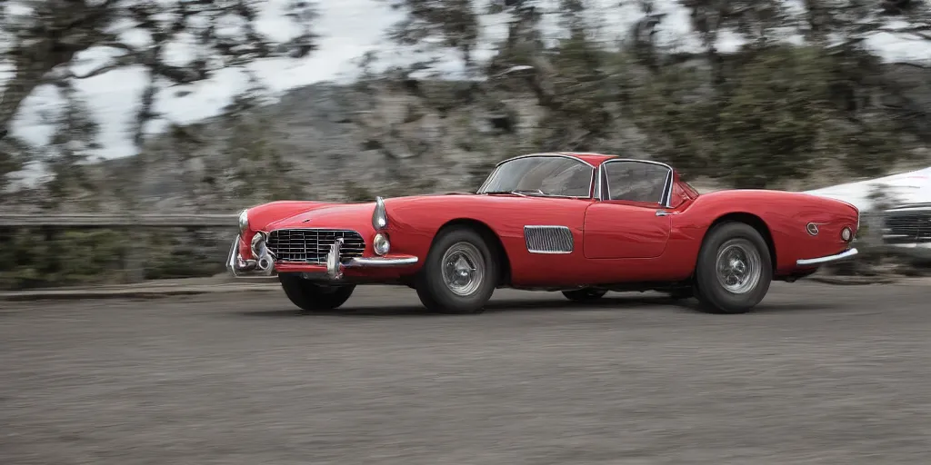 Image similar to photograph, 1958 FERRARI 250 GT, by Peter Singhof, press release, cinematic, Pacific Coast Highway, 8k, depth of field, bokeh.