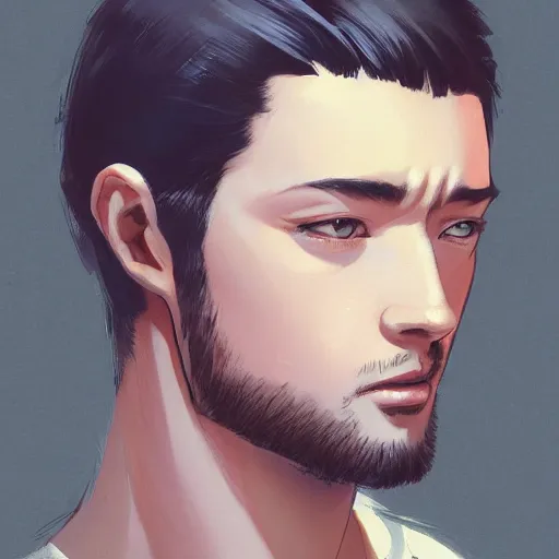 Image similar to A potrait of a man with big and cute eyes, fine-face, realistic shaded perfect face, fine details. Night setting. Very anime style. Realistic shaded lighting poster by Ilya Kuvshinov katsuhiro, magali villeneuve, artgerm, Jeremy Lipkin and Michael Garmash, Rob Rey and Kentarõ Miura style, trending on art station