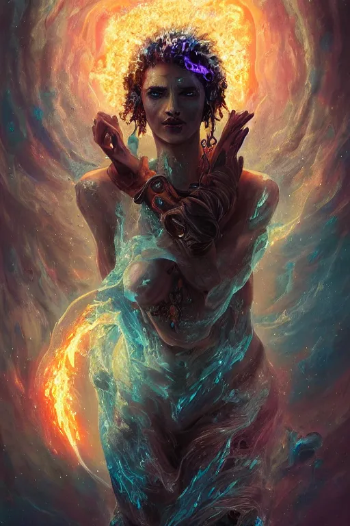 Prompt: the look of a young person, necromancer, witch - doctor covered with ice exploding into fire, full of wrinkles and imperfections, electricity highly detailed, high contrast, light reflection, trippy, nebula, trending on artstation by artgem, by peter mohrbacher, by wlop, by ruan jia