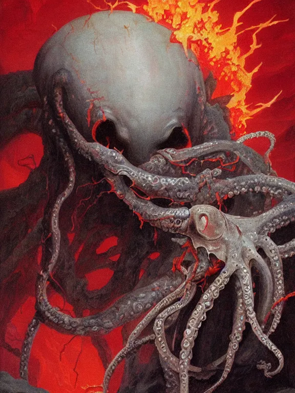 Image similar to wayne barlowe painting of a flying sorrowful looking severed human head, floating head with tears running down it's eyes, face that is chalk white in color, with long white tentacles stemming from it's neck, fiery scorching red eyes, background sprawling terrifying hellish cave with lava flowing through it's walls, 4 k