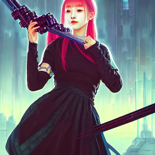 Prompt: portrait painting of cyberpunk chuu loona kpop smiling cheerfully with a black katana, ultra realistic, concept art, intricate details, eerie, highly detailed, photorealistic, octane render, 8 k, unreal engine. art by artgerm and greg rutkowski and magali villeneuve and alphonse mucha