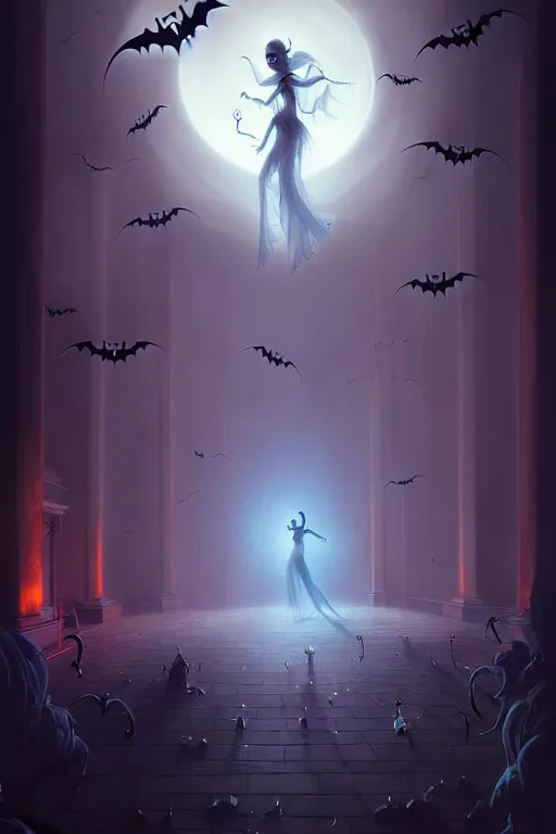 Prompt: ghostly apparitions dancing in the ballroom, halloween, autumn night, 8 k resolution matte fantasy painting, cinematic lighting, deviantart, artstation, jason felix steve argyle tyler jacobson peter mohrbacher