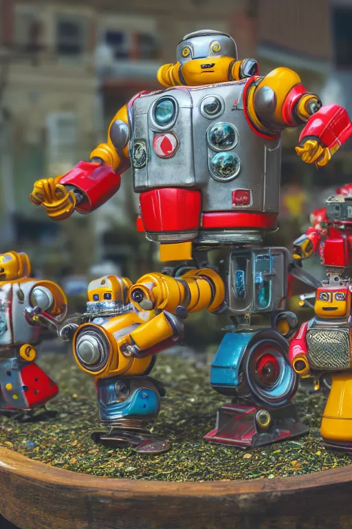 Prompt: high quality presentation photo of a a detailed miniature diorama of retro toy robots invading a detailed model of a 1950s town, photography 4k, f1.8 anamorphic, bokeh, 4k, Canon, Nikon