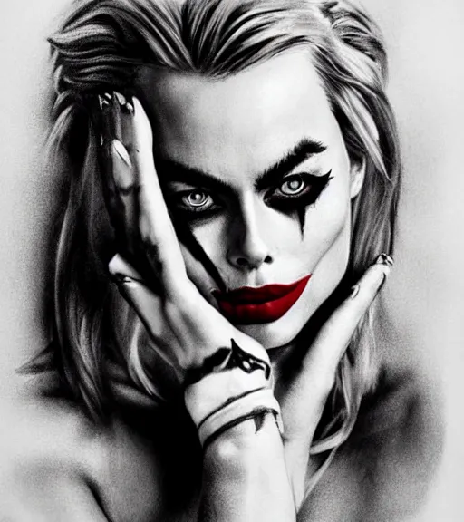 Image similar to beautiful margot robbie portrait with joker makeup, in the style of den yakovlev,, black and white realism drawing, faded outline, hyper realistic, highly detailed