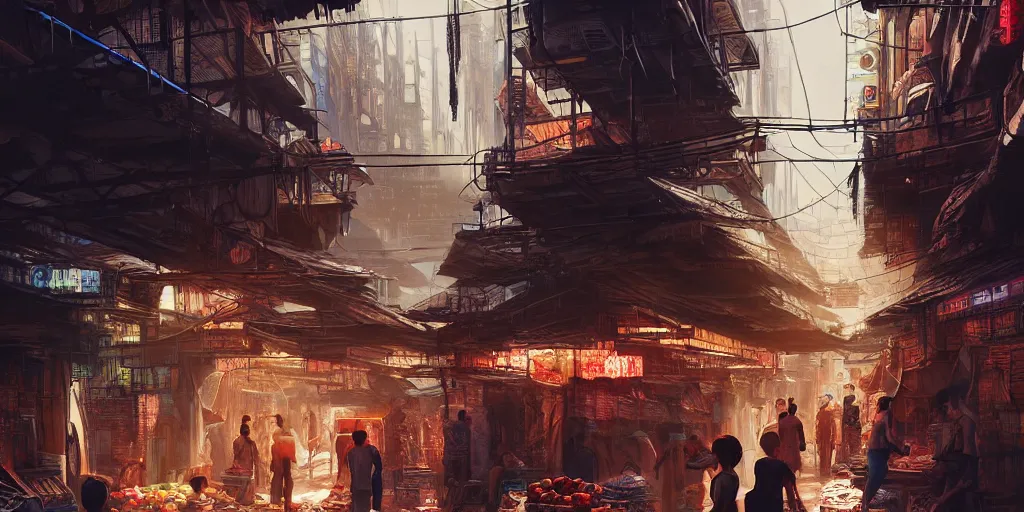 Prompt: an intricate concept art illustration of a market slums inside a megastructure city neon light district,sci-fi, cinematic lighting, hyper realistic, art by dylan cole, detailed matte painting, digital art, sci-fi film color palette, volumetric lighting