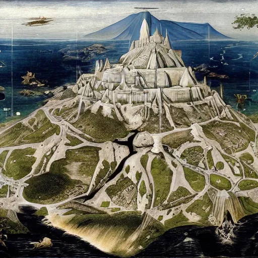 Prompt: Minas Tirith by Bruege and Hokusail, masterpiece