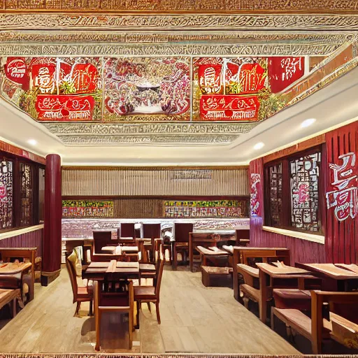 Image similar to a beautiful hyperdetailed 4 k hd wallpaper illustration interior of roasted string hotpot restaurant restaurant yan'an, wall painting, from china, with merchant logo, fine delicate structure, chinese style, victo ngai