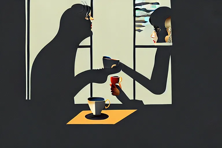 Prompt: editorial illustration by Karolis Strautniekas and Mads Berg and Tsuruta Kenj, drinking coffee, colorful, fine texture,detailed, muted colors,film noir, dramatic lighting, dynamic composition,moody, vivid, matte print