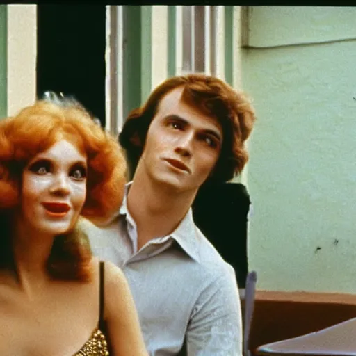 Image similar to 1981 color archival photo of a glamorous woman in a dress, and her friend, Casper the Friendly Ghost, in a sidewalk cafe, 16mm film soft color, earth tones and soft color 1981, live-action archival footage, in style of doris wishman russ meyer, woman looks like young mia farrow