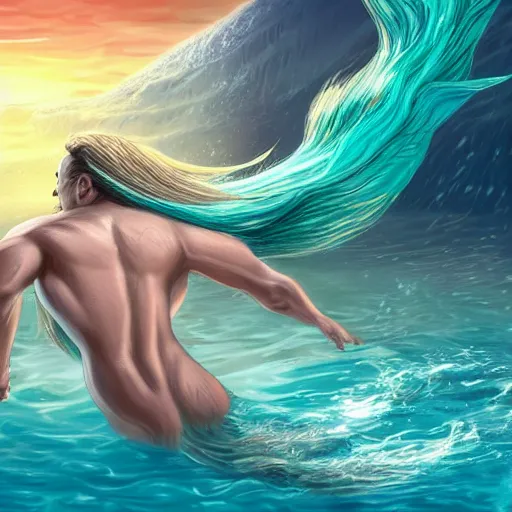 Image similar to a merman swimming through the ocean, long blond hair, with the face of Nicholas Cage, artstation