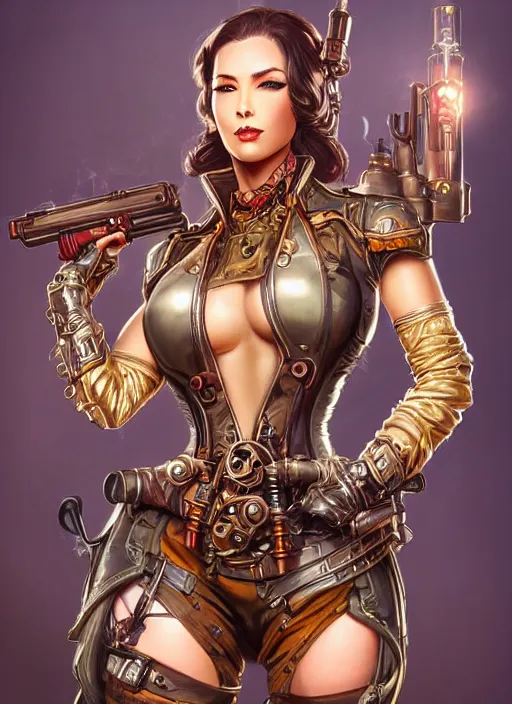 Prompt: front portrait of attractive Lady Mechanika holding a shotgun with both hands, Intrincate background with steampunk imagery , D&D!, fantasy style, sharp focus!, ultra detailed, art by Artgerm and Peter Andrew Jones, WLUP