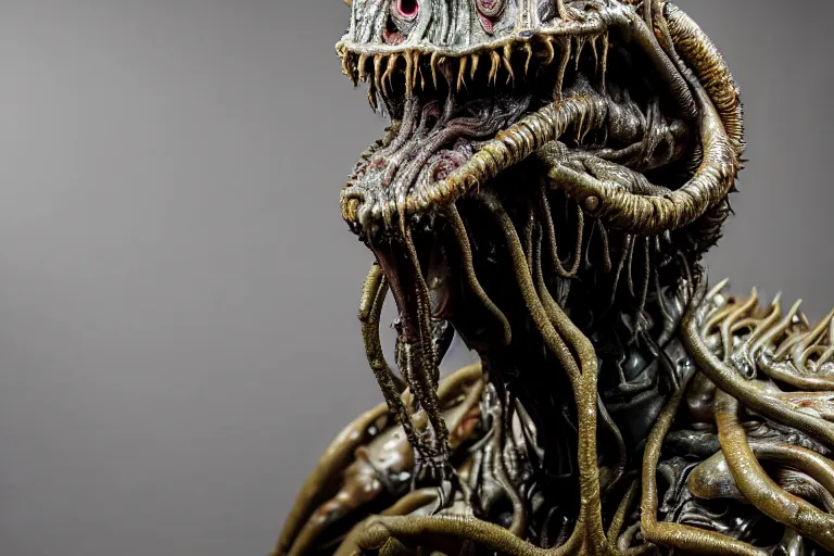 Prompt: wide angle photo taken of an epic intricate, ultra detailed, super realistic gritty, hero prop, exquisitely weathered animatronic movie prop of a lifelike sculpture of a wet, slimey nightmarish hellish alien creature displayed in the workshop, created by weta workshop, full body shot, photorealistic, sharp focus