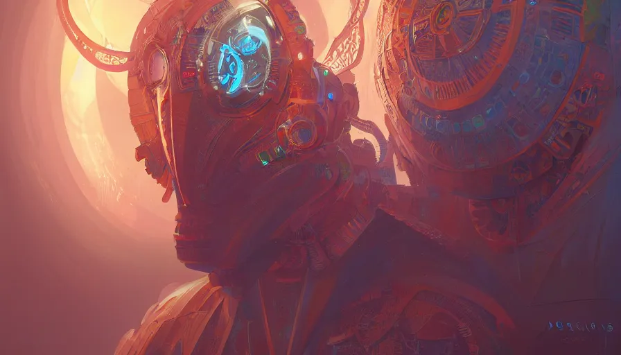 Image similar to Character design of a scifi psychedelic robot shaman, symmetrical, center punched, Archviz, elegant, intricate, digital painting, artstation, concept art, smooth, sharp focus, illustration, art by artgerm and greg rutkowski and alphonse mucha