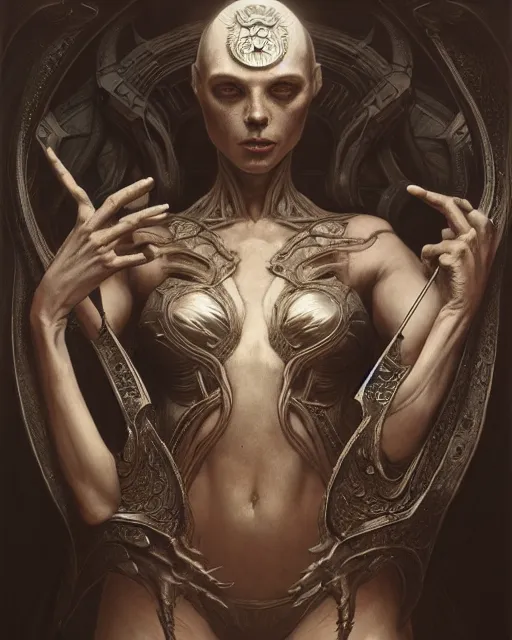 Image similar to art by giger, deep focus, d & d, dark fantasy, intricate, elegant, highly detailed, digital painting, artstation, concept art, matte, sharp focus, 8 k 3 d, hearthstone, art by artgerm and greg rutkowski and alphonse mucha