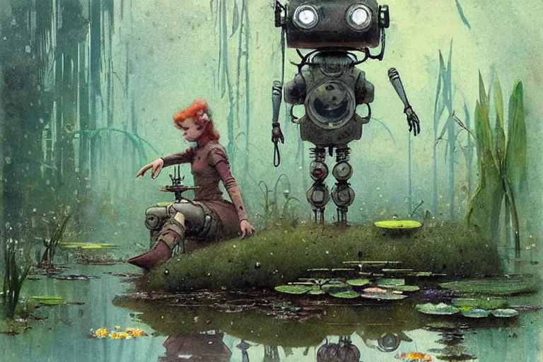 Prompt: adventurer ( ( ( ( ( 1 9 5 0 s retro future robot cyborg bolthole. muted colors. swamp, fairies, water lilies ) ) ) ) ) by jean baptiste monge!!!!!!!!!!!!!!!!!!!!!!!!! chrome red