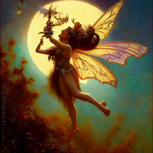 Image similar to attractive fairy queen fly high in the night, fantasy, full moon in background. hyper detailed painting by gaston bussiere, craig mullins, j. c. leyendecker, mid shot, 8 k, cryengone, cinematic lighting, beautiful,