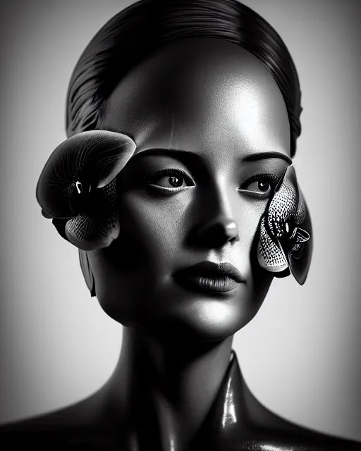 Image similar to surreal mythical dreamy dark artistic black and white fine art photo of a female - orchid - bird - cyborg bust, rim light, cinematic, studio dramatic light, poetic, octane render, 8 k, photo - realistic